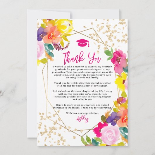 Gouden glitter boho vet bloemenfoto afstuderen bedankkaart (Voorkant)