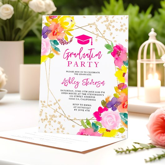 Gouden glitter boho vet bloemenfoto afstuderen kaart