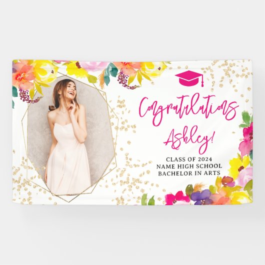 Gouden glitter boho vet floraal afstuderen gefelic spandoek (Horizontaal)