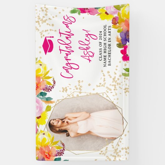 Gouden glitter boho vet floraal afstuderen gefelic spandoek (Verticaal)