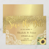 Gouden glitter bokeh, kant, zonnebloem Save The Da Date (Voorkant / Achterkant)
