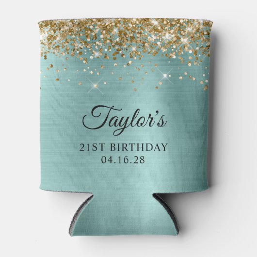 Gouden Glitter Bord Turquoise Folie 21e Verjaardag Blikjeskoeler (Voorkant)