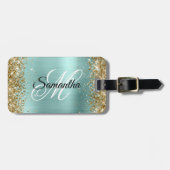 Gouden Glitter Bord Turquoise Folie Fancy Monogram Bagagelabel (Voorkant horizontaal)