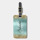 Gouden Glitter Bord Turquoise Folie Fancy Monogram Bagagelabel (Voorkant verticaal)