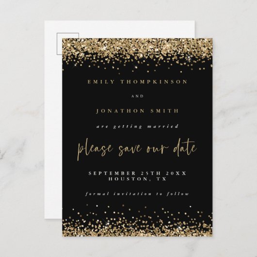Gouden Glitter Borders Zwart Bruiloft Save The Dat Aankondigingskaart (Voorkant / Achterkant)