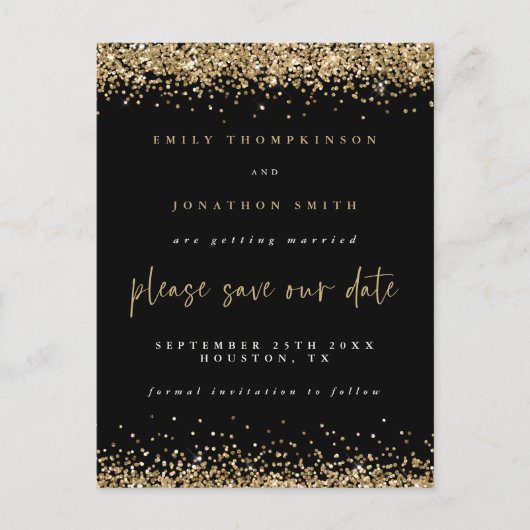 Gouden Glitter Borders Zwart Bruiloft Save The Dat Aankondigingskaart (Voorkant)