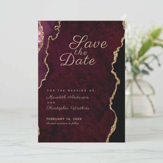 Gouden Glitter Bourgogne Agaat Save the Date (Staand voorkant)