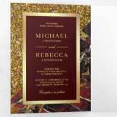Gouden Glitter Bourgogne Rood Marmer Foto Bruiloft Drieluik Uitnodiging (Binnenzijde eerst)