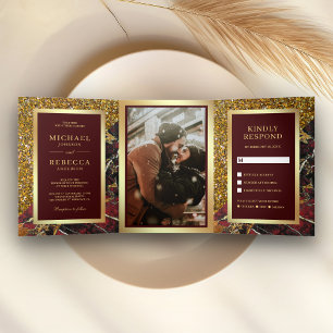 Gouden Glitter Bourgogne Rood Marmer Foto Bruiloft Drieluik Uitnodiging