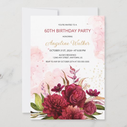 Gouden Glitter Bourgondië Dahlia Roos Bloemen Verj Kaart (Voorkant)