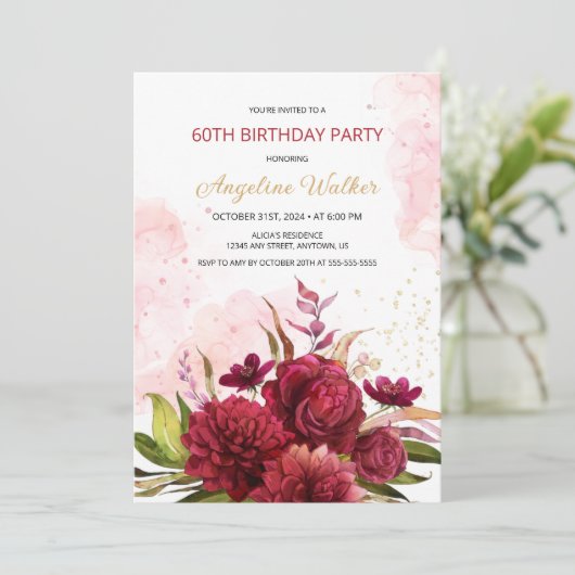 Gouden Glitter Bourgondië Dahlia Roos Bloemen Verj Kaart (Staand voorkant)