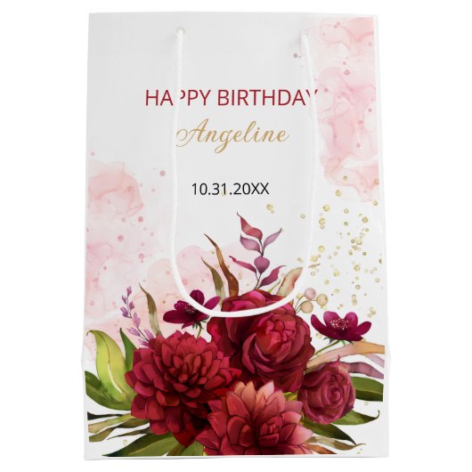 Gouden Glitter Bourgondië Dahlia Roos Bloemen Verj Medium Cadeauzakje (Achterkant)