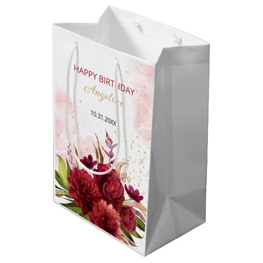 Gouden Glitter Bourgondië Dahlia Roos Bloemen Verj Medium Cadeauzakje (Achterkant Gekanteld)