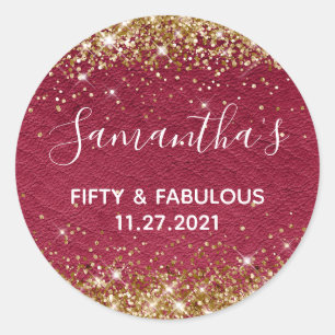 Gouden Glitter Bourgondië Leer Fifty en Fabulous Ronde Sticker