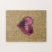 Gouden Glitter Bourgondië Rode Hart Liefde Legpuzzel (Horizontaal)