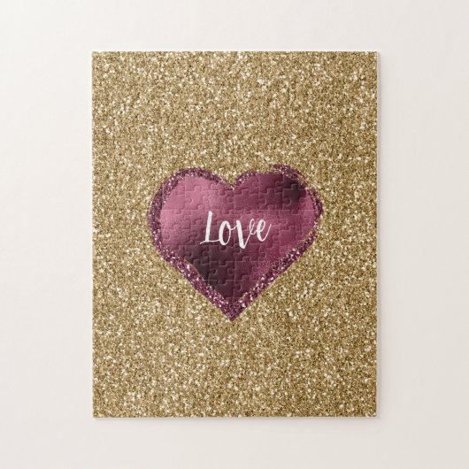 Gouden Glitter Bourgondië Rode Hart Liefde Legpuzzel (Verticaal)