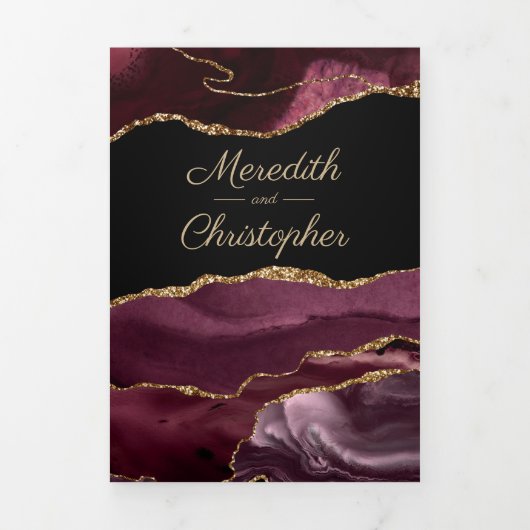 Gouden Glitter Bourgondische Agaat Geode Wedding Drieluik Uitnodiging (Cover)