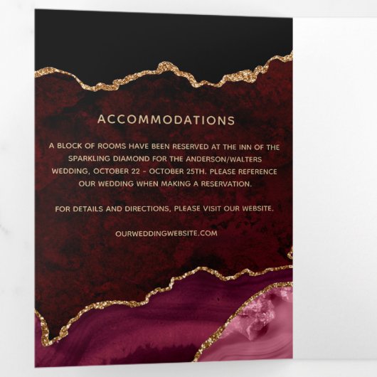Gouden Glitter Bourgondische Agaat Geode Wedding Drieluik Uitnodiging (Binnenzijde eerst)