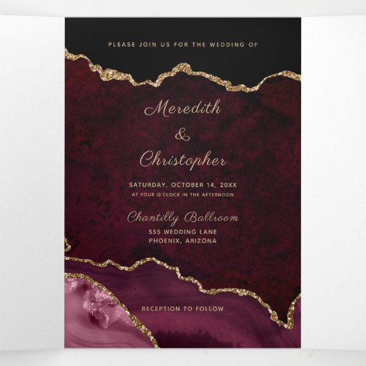 Gouden Glitter Bourgondische Agaat Geode Wedding Drieluik Uitnodiging (Binnenkant midden)