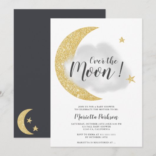Gouden glitter boven het baby shower van de maanst kaart (Voorkant / Achterkant)