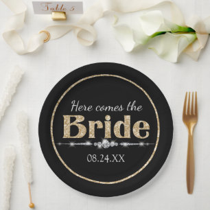 Gouden Glitter Bruid en Diamanten op Zwart Papieren Bordje