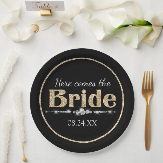 Gouden Glitter Bruid en Diamanten op Zwart Papieren Bordje (Huwelijk)