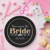 Gouden Glitter Bruid en Diamanten op Zwart Papieren Bordje (Feest)