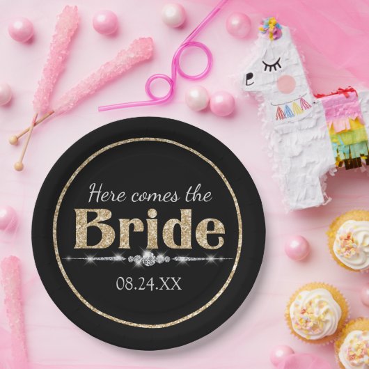 Gouden Glitter Bruid en Diamanten op Zwart Papieren Bordje (Feest)