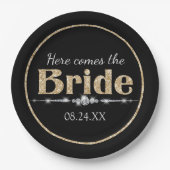 Gouden Glitter Bruid en Diamanten op Zwart Papieren Bordje (Voorkant)