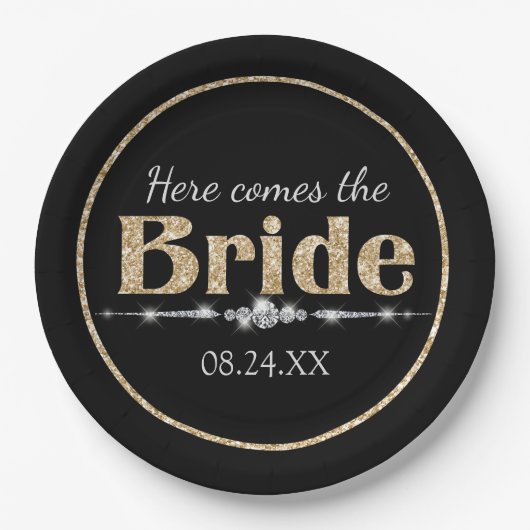 Gouden Glitter Bruid en Diamanten op Zwart Papieren Bordje (Voorkant)