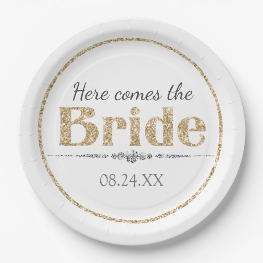 Gouden Glitter Bruid en Diamanten Papieren Bordje (Voorkant)