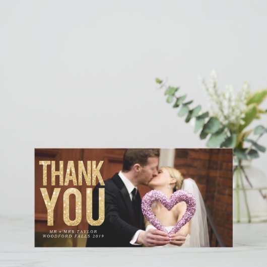 Gouden Glitter bruiloft Dank u fotokaarten Bedankkaart (Staand voorkant)