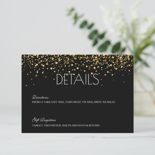 Gouden Glitter Bruiloft Details Kaart (Staand voorkant)