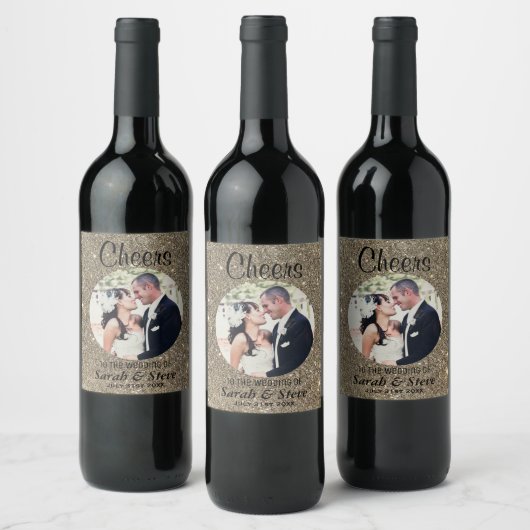Gouden Glitter Bruiloft Foto Wijn Labels Wijn Etiket (Flessen)
