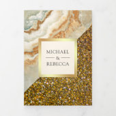 Gouden Glitter Bruin Marmeren Fotobruiloft Drieluik Uitnodiging (Cover)