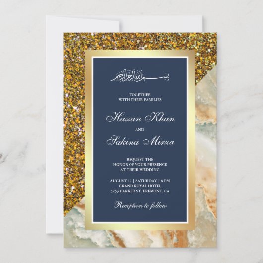 Gouden Glitter Bruin Marmeren Marine Blauw Moslim Kaart (Voorkant)
