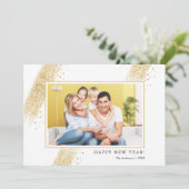 Gouden Glitter Brush Strokes Happy New Years Foto Feestdagenkaart (Staand voorkant)