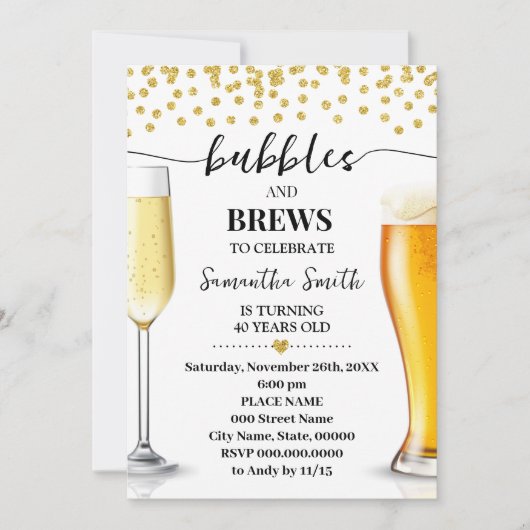 Gouden Glitter Bubbels en Brews Volwassenen Verjaa Kaart (Voorkant)