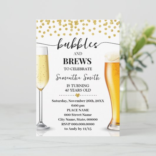 Gouden Glitter Bubbels en Brews Volwassenen Verjaa Kaart (Staand voorkant)