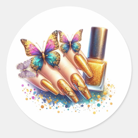 Gouden Glitter Butterfly Nails Ronde Sticker (Voorkant)