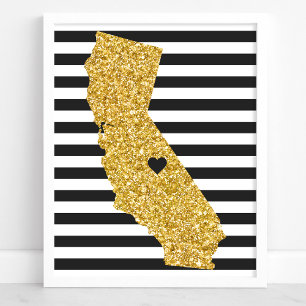 Gouden Glitter California Zwart en Wit Strepen Poster