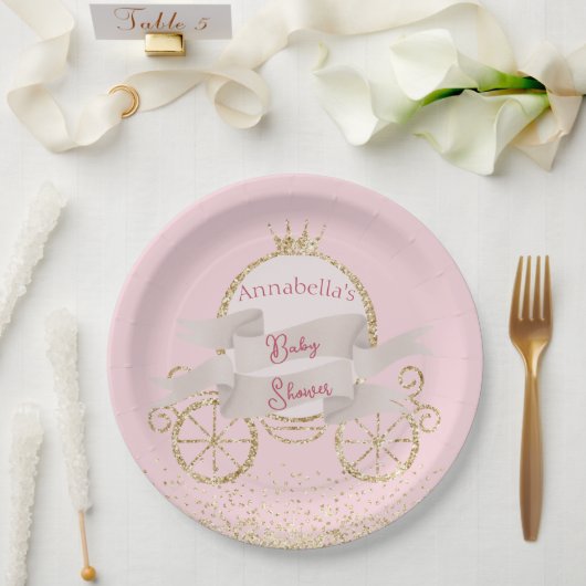 Gouden Glitter Carriage Fairy Tale Baby shower Papieren Bordje (Huwelijk)