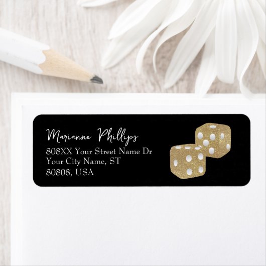 Gouden Glitter Casino Dice op zwart Etiket (Insitu)