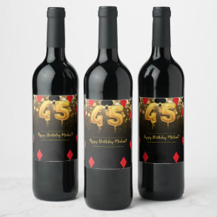 Gouden glitter casino thema 45e verjaardag wijn etiket