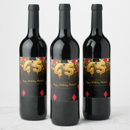 Gouden glitter casino thema 45e verjaardag wijn etiket (Flessen)