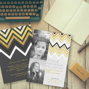 Gouden Glitter Chevron Strepen Chic Afstudeerfeest Kaart
