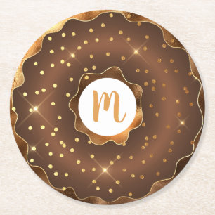Gouden glitter chocolade donut monogram vet glam ronde kartonnen onderzetter