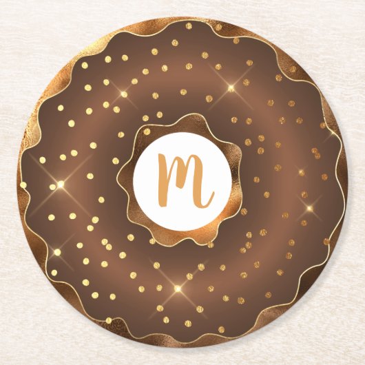 Gouden glitter chocolade donut monogram vet glam ronde kartonnen onderzetter (Voorkant)