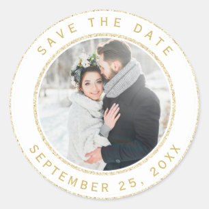 Gouden Glitter Cirkel Huwelijksfoto Save the Date Ronde Sticker