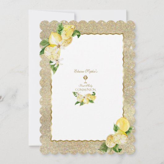 Gouden Glitter Citroen Fruit Bloem Eerste Communie Kaart (Achterkant)